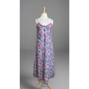 Simply Southern Maxi Dress L pom poms Spaghetti Strap Tropical Coverup Dress Nwt